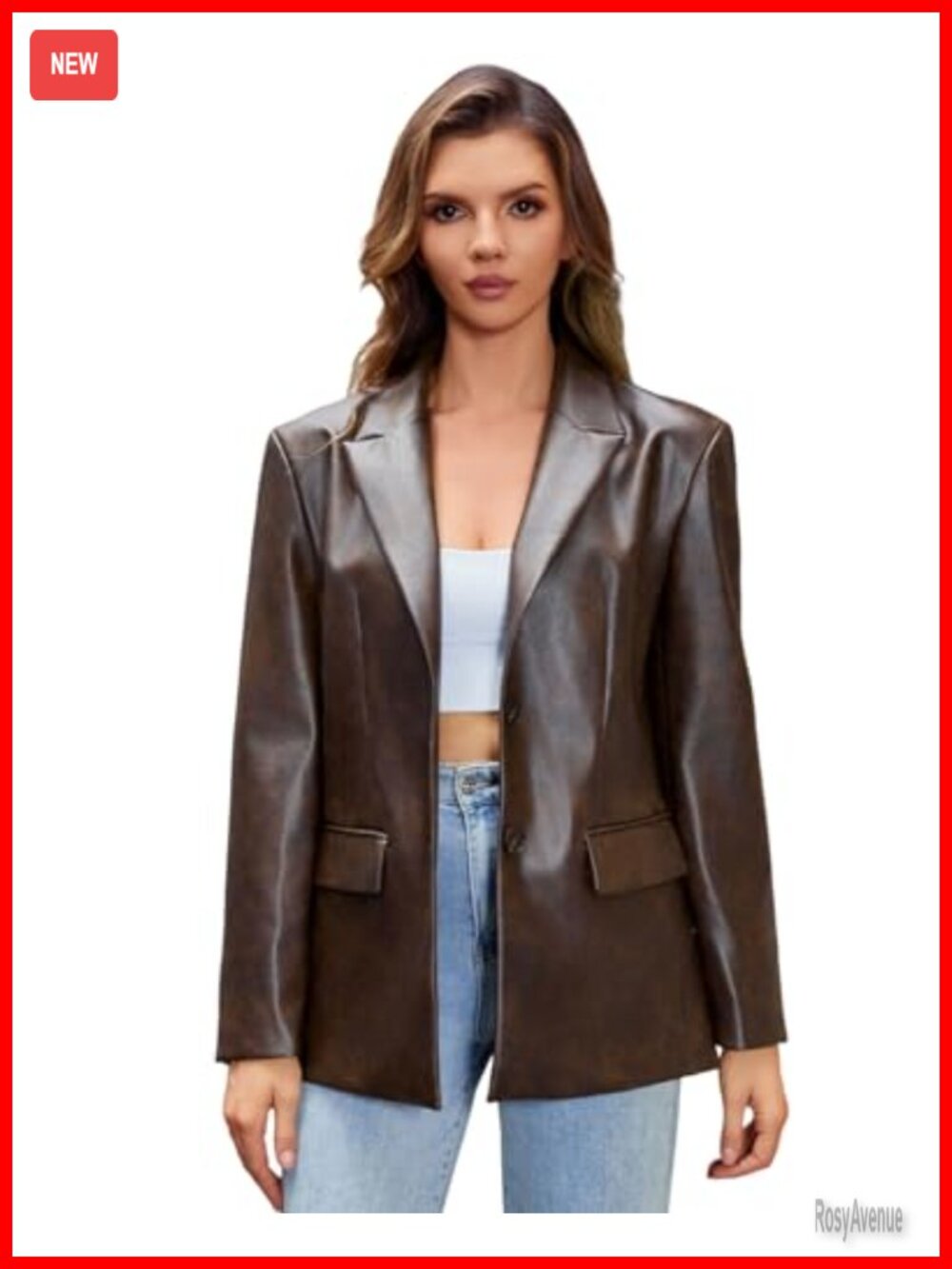 Oversized Faux Leather Blazer Notch Collar Button Down Business Casual